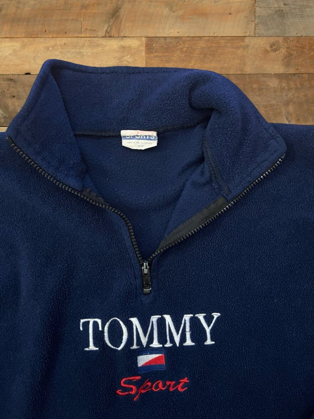 Vintage Tommy Sport Fleece Quarter Zip Spellout Pullover Navy Y2K 90s Made Canad - Picture 7 of 9